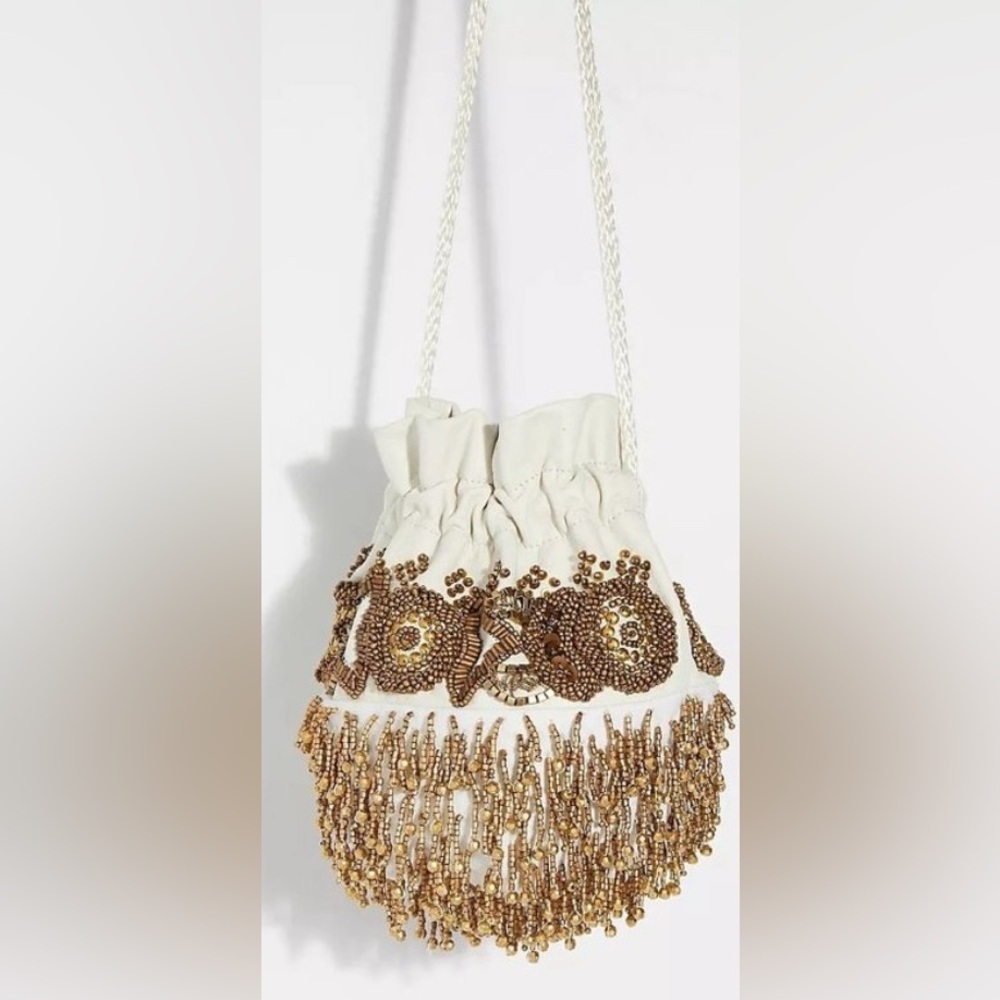 NWT. Free People Beaded Ivory Leather Pouch